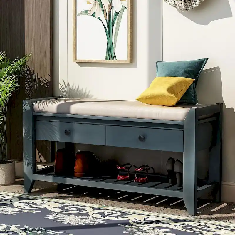 39-Inch Upholstered Storage Bench with 2 Drawers and Shoe Rack