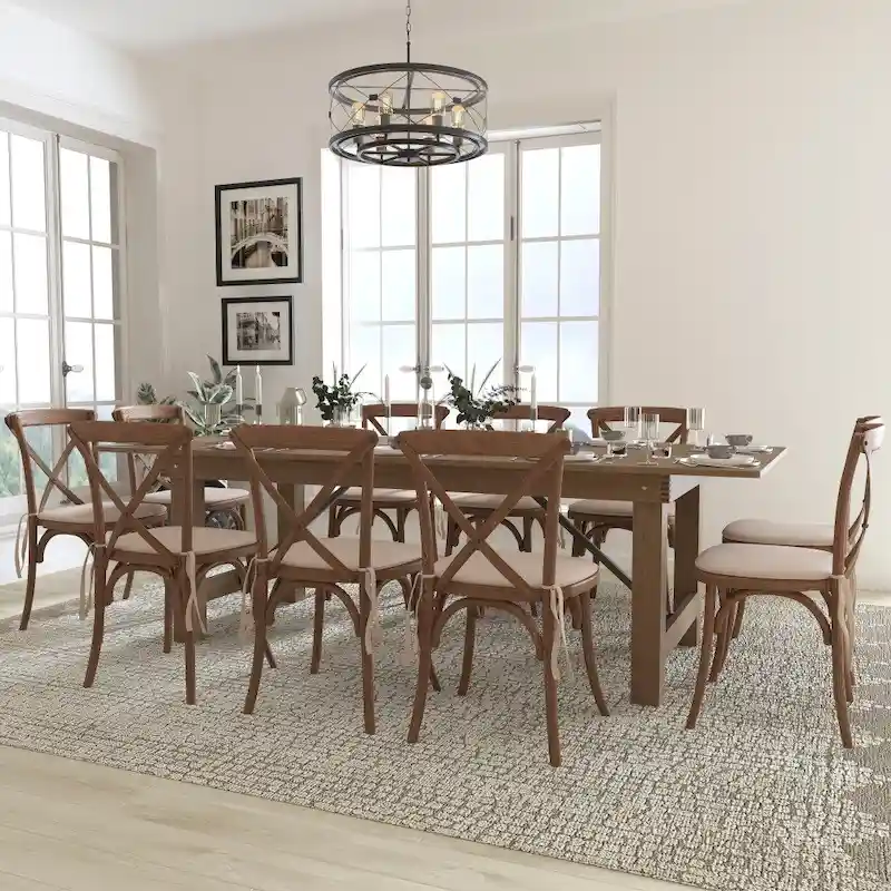8 x 40 Rustic Folding Farm Table Set with 10 Cross Back Chairs and Cushions