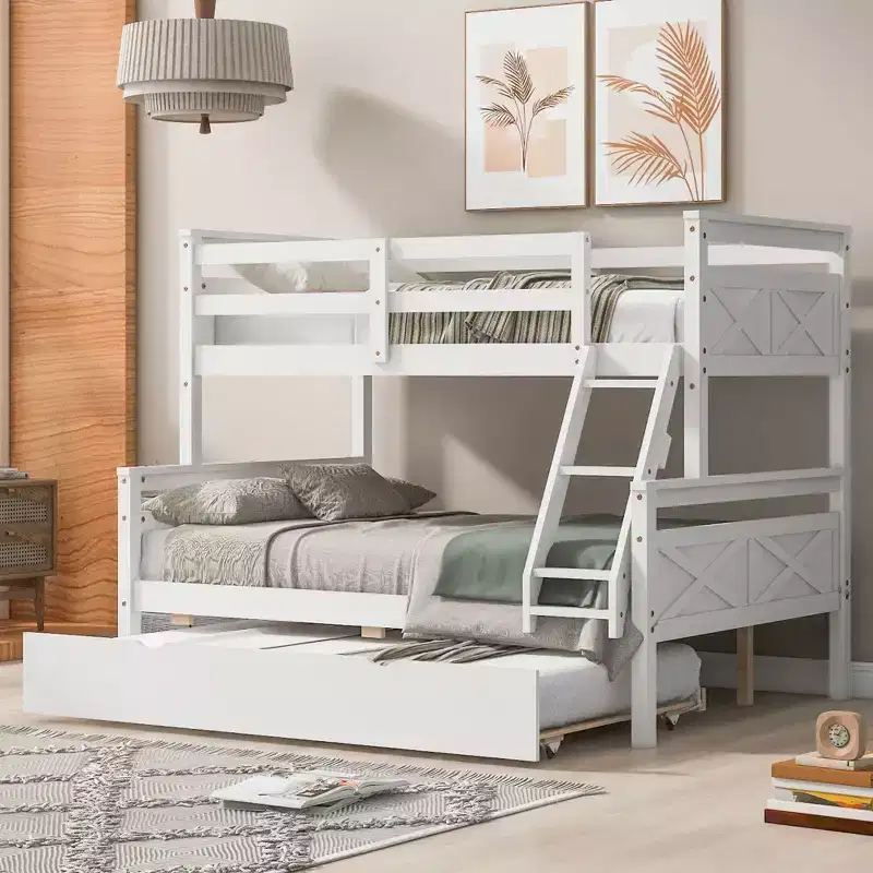 Okak Twin over Full Wood Bunk Bed with Twin Size Trundle Loft Bunk Bed with Stairway & Safety Guardrail for Kids Teens, Easy Assemble