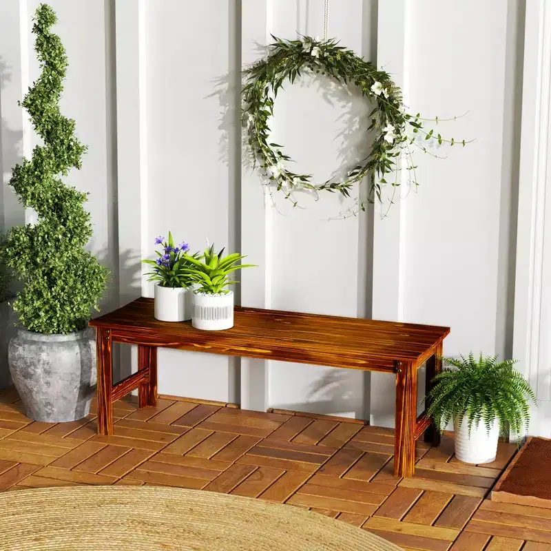 2-Seat Wood Garden Bench, Patio Bench Outdoor Bench with Slatted Seat, Backless Front Porch Bench for Park, Garden, Poolside, Deck