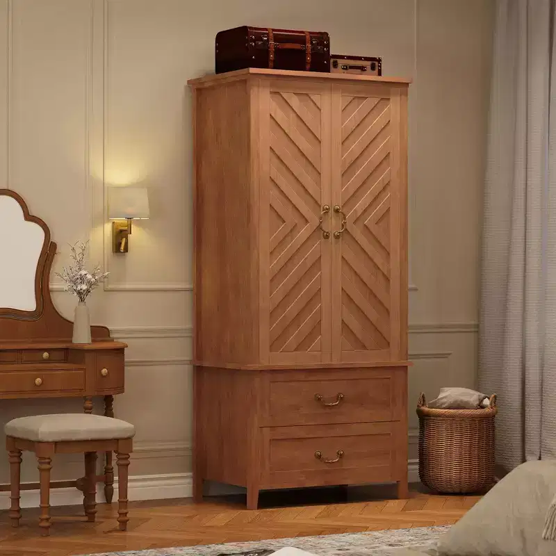 Spacious 71 V Shape Tall Wooden Armoire Wardrobe Closet  2 Doors & Drawers, Hanging Rod  Large Freestanding Storage Cabinetbrown
