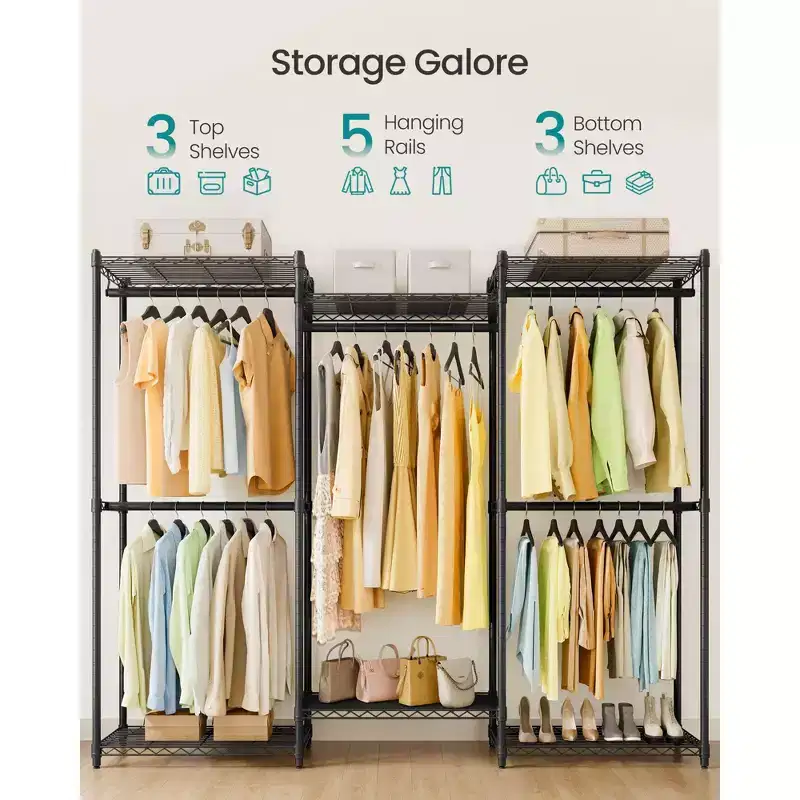 SONGMICS Garment Rack, Heavy-Duty Clothes Rack, Portable Closet Rack, Clothing Rack with Adjustable Mesh Shelves and Hanging Rails, Ink Black