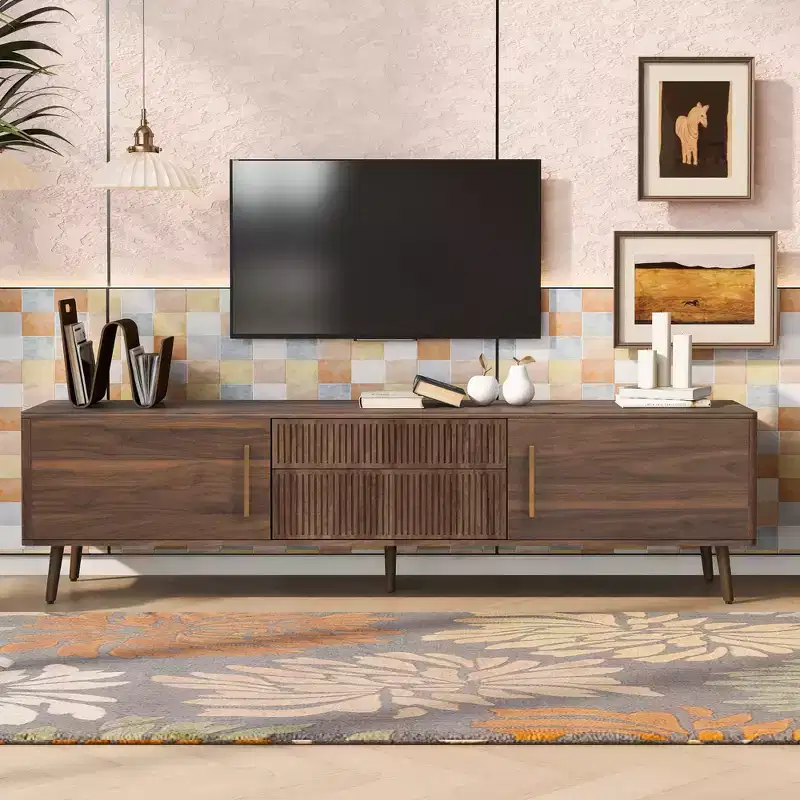 Mid Century TV Stand with 2 Drawers – Media Console for TVs up to 75