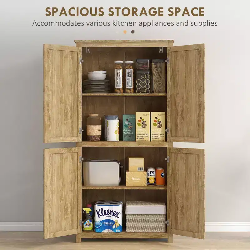 64 Kitchen Pantry, Tall Storage Cabinet with 4 Rattan Doors, 4 Tier Shelves and Adjustable Shelf