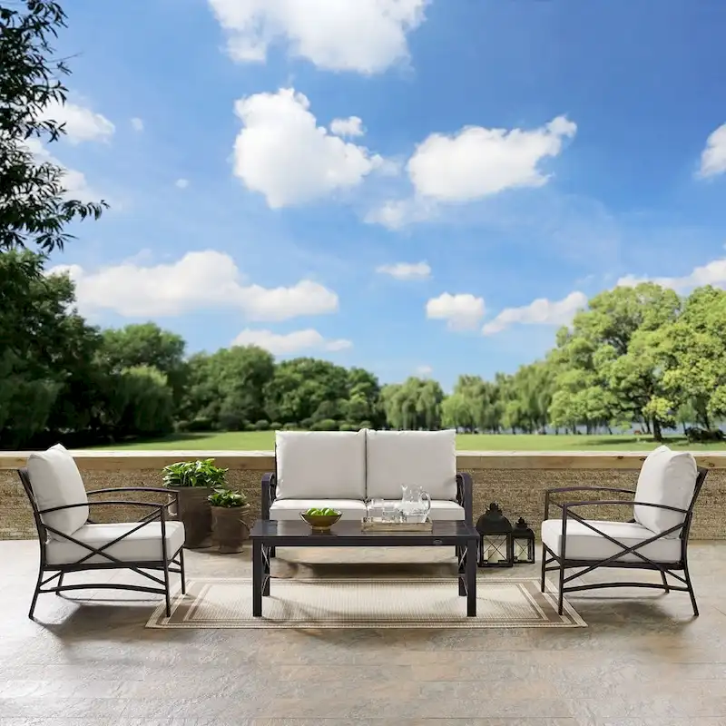 Crosley kaplan 4 pc outdoor seating set with oatmeal cushion - loveseat, two chairs, coffee table - 138.75 W x 72.19 D x 32 H