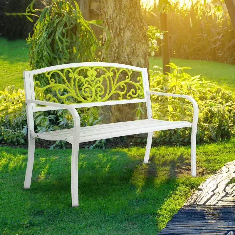Karl Home | White Steel Patio Bench With Yellow Backrest