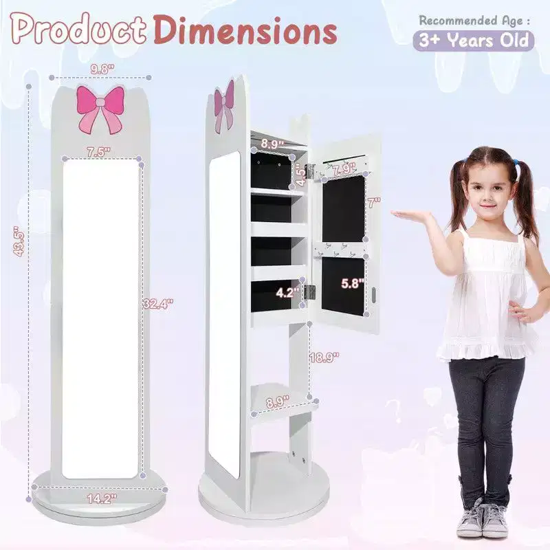 Bow Kids MDF Jewelry Cabinet in White, Jewelry Armoire with Rotatable Base, 1 Door and 1 Shelf