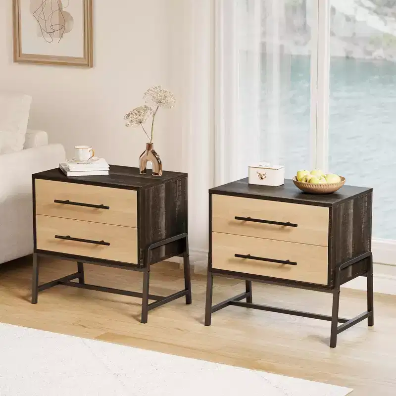 Bedside Tables Nightstand w/2 Drawers & Open Shelf, Modern Side Table w/Metal Legs, Compact Storage Cabinet for Small Space Apartment
