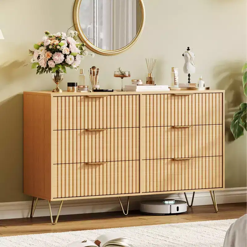 Fluted Dresser for Bedroom with 6 Drawers,Modern Chest of Drawers with Metal Handle,Wooden Dresser TV Stand, Storage Organizer for Living Room