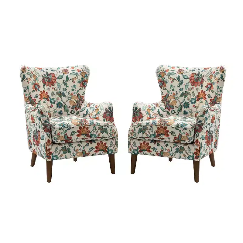 Set of 2 Nikolaus Comfy Living Room Armchair with Floral Fabric Pattern| ART OF LIVING DESIGNS-RED
