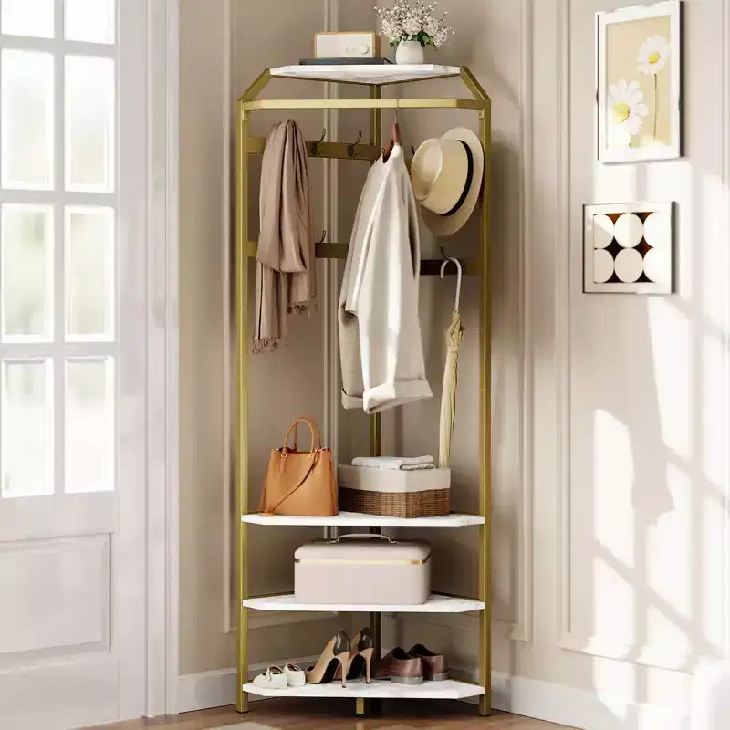 Corner Coat Rack With Shoe Bench Entryway, Corner Hall Tree With 6 Double Hooks, Clothes Rack With Storage Hall Tree