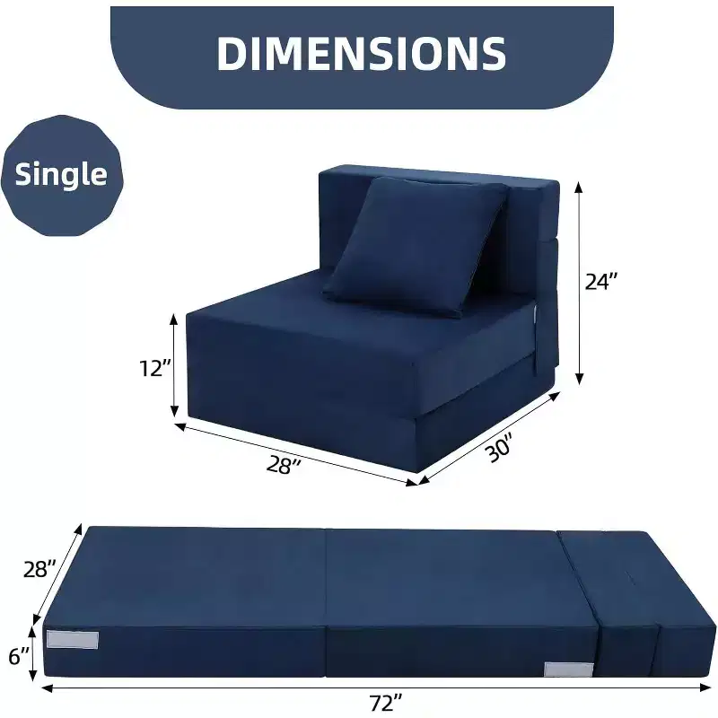 Single Gray Convertible Folding Sofa Bed, Plush Floor Futon with Cushion for Living Room or Home Office, Compact Sleeper Chair Easy to Move
