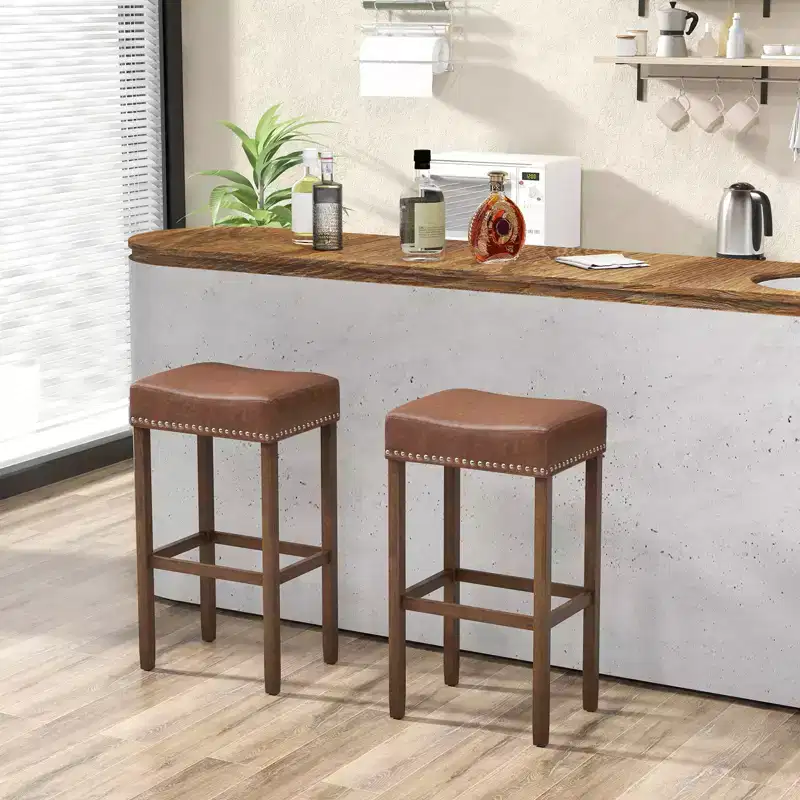Costway 29.5 Wood Frame PU Leather Upholstered Bar Stools Set of 2 with Footrests Brown/Grey