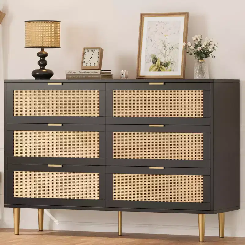 Natural Rattan 6 Drawer Dresser for Bedroom,Chest of Drawers with Gold Legs and Gold Handles,Wide Double Dresser with Large Tabletop and Anti-Tipping