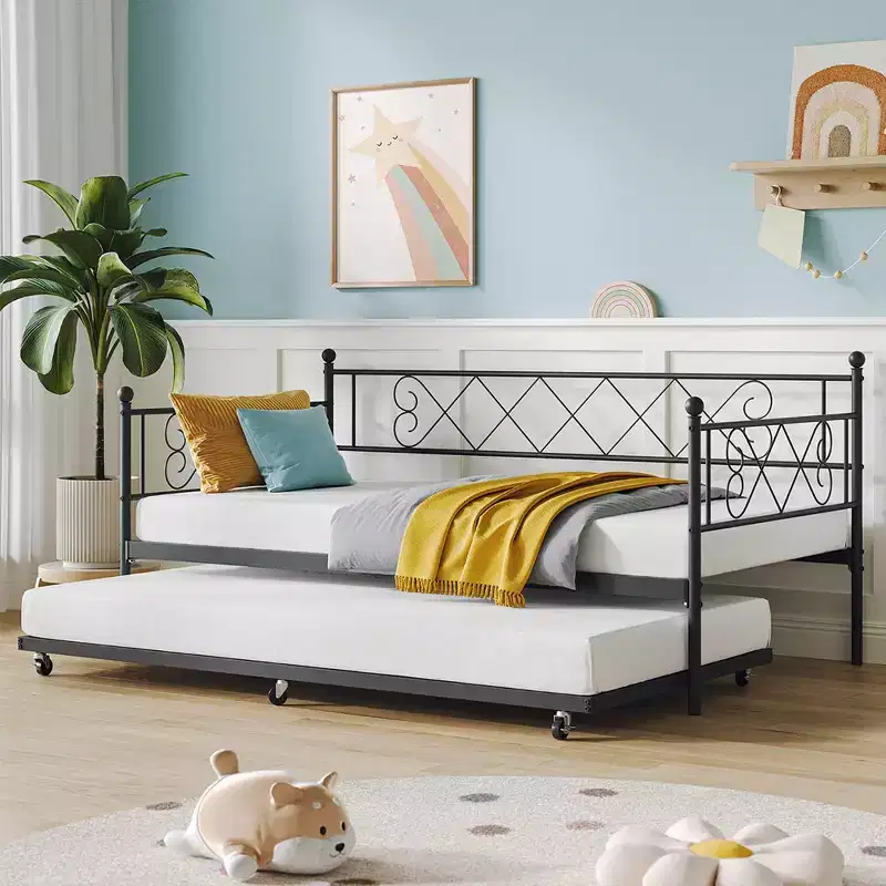 Twin Metal Daybed with Trundle – Space-Saving Sofa Bed for Bedroom and Living Room