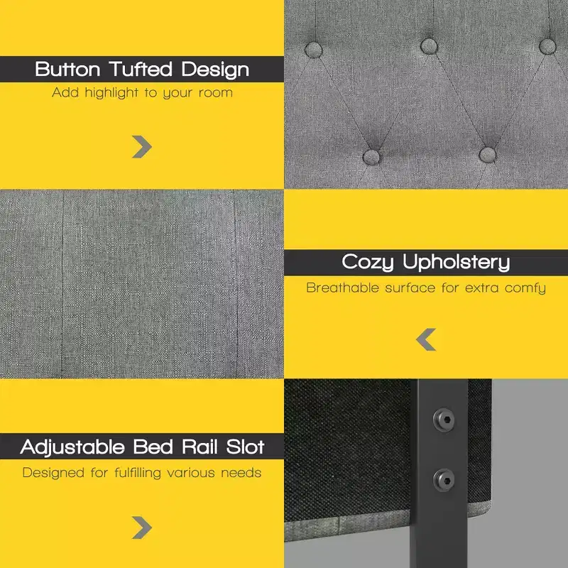 Queen Upholstered Headboard Adjustable Button Tufted Faux Linen Light Grey