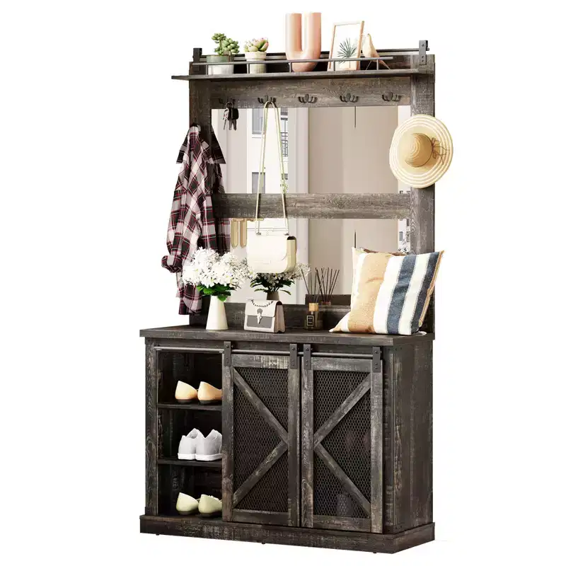 Hall Tree-5-in-1 Multifunctional Unit with Shoe Storage,Adjustable Side Stand, Coat Rack & Dressing Table.Corner Design - Perfect Entryway Furniture