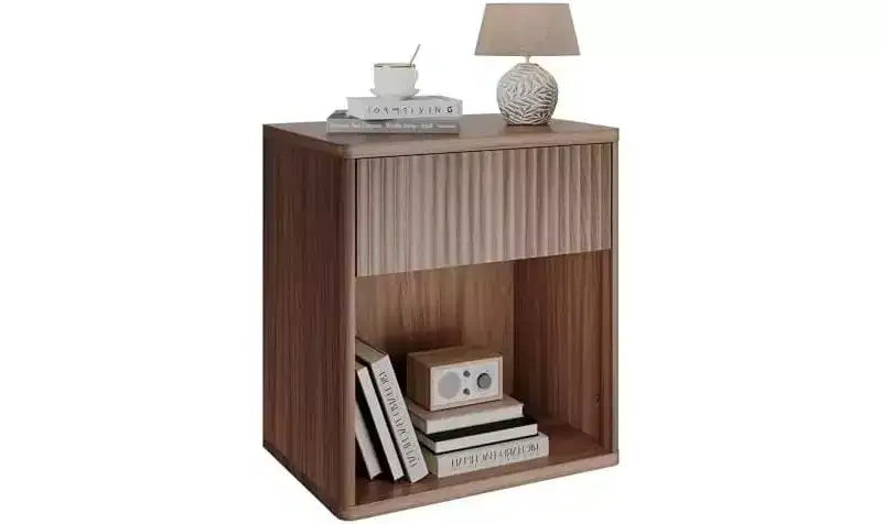 Fluted Wood Nightstand with Storage Drawer and Open Shelf, Mid Century Bed Side Table