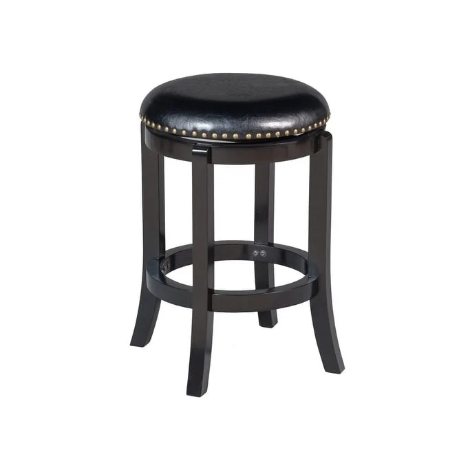 Black Swivel Counter Height Bar Stool, Faux Leather, Nailhead Trim