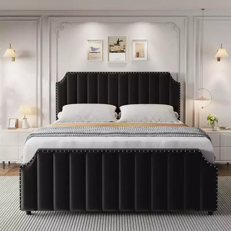 Bed Frame, Metal Platform Velvet Bed Frame with Nailhead Trim, 50.2 in Tall Headboard, Footboard, Sturdy Wooden Slats Support, Noise Free, Black