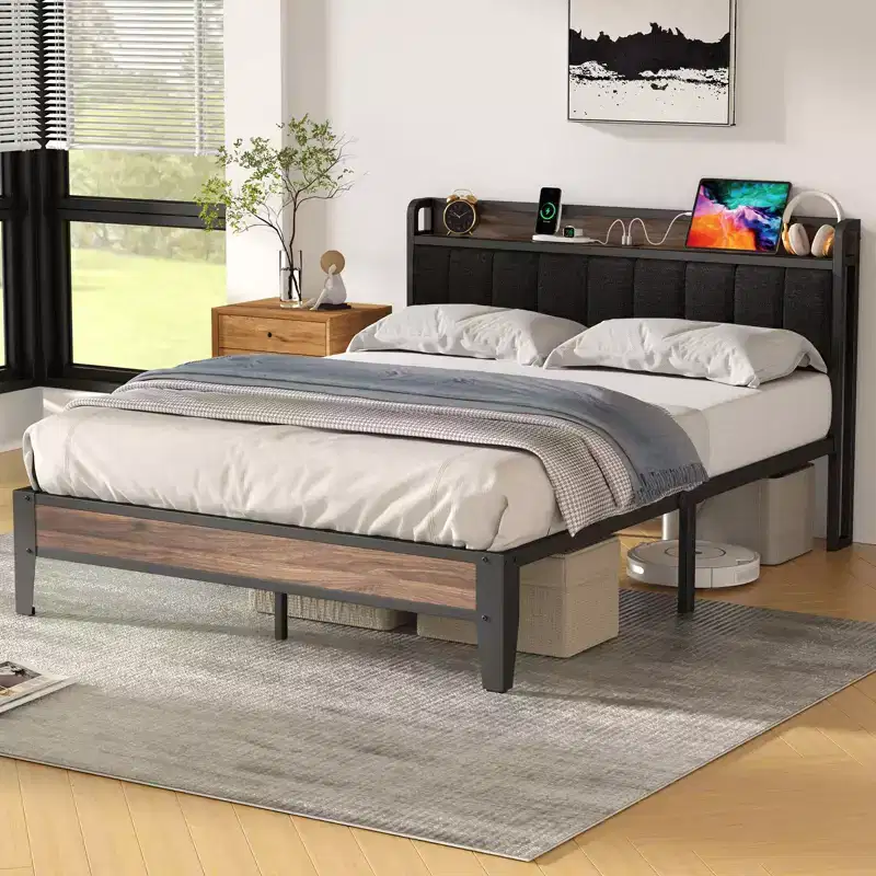 Lusimo Bed Frame Queen Upholstered Platform Bed with Storage Headboard and Charging Station