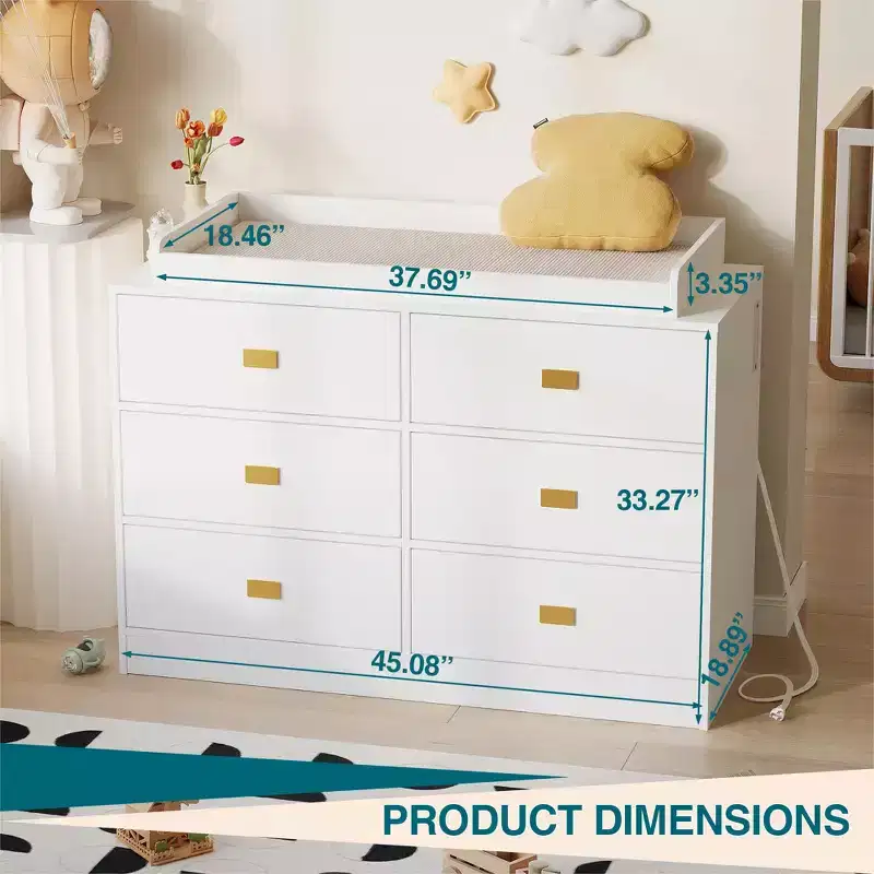 6-Drawer Changing Table Dresser,Baby Nursery Dresser & Diaper Changing Station Featuring Removable Top, Soft Pad, and MultiFunction Storage