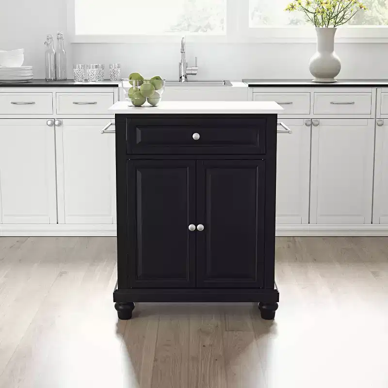 Cambridge Granite Top Compact Kitchen Island Cart Black/White - Crosley: Rubberwood Frame, Towel Bar, Storage Shelves