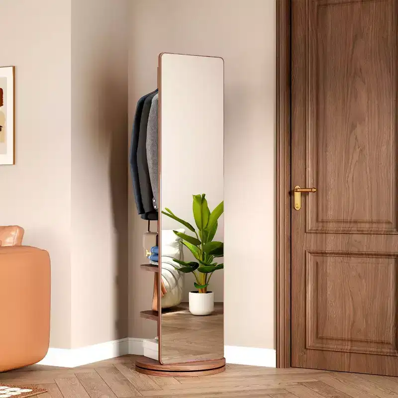 Modern Rotating Full Length Mirror with Functional Hook Coat Rack, Freestanding Floor Mirror for Bedroom, Dressing Room, Walnut