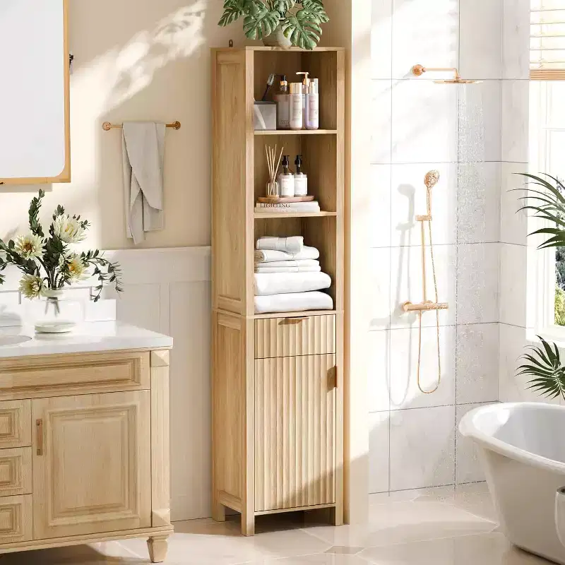 VINGLI Narrow Fluted Bathroom Floor Skinny Storage Cabinet with 1 Fluted Door&Drawer,68 Tall Narrow Slim Bathroom Cabinet Natural Oak Color