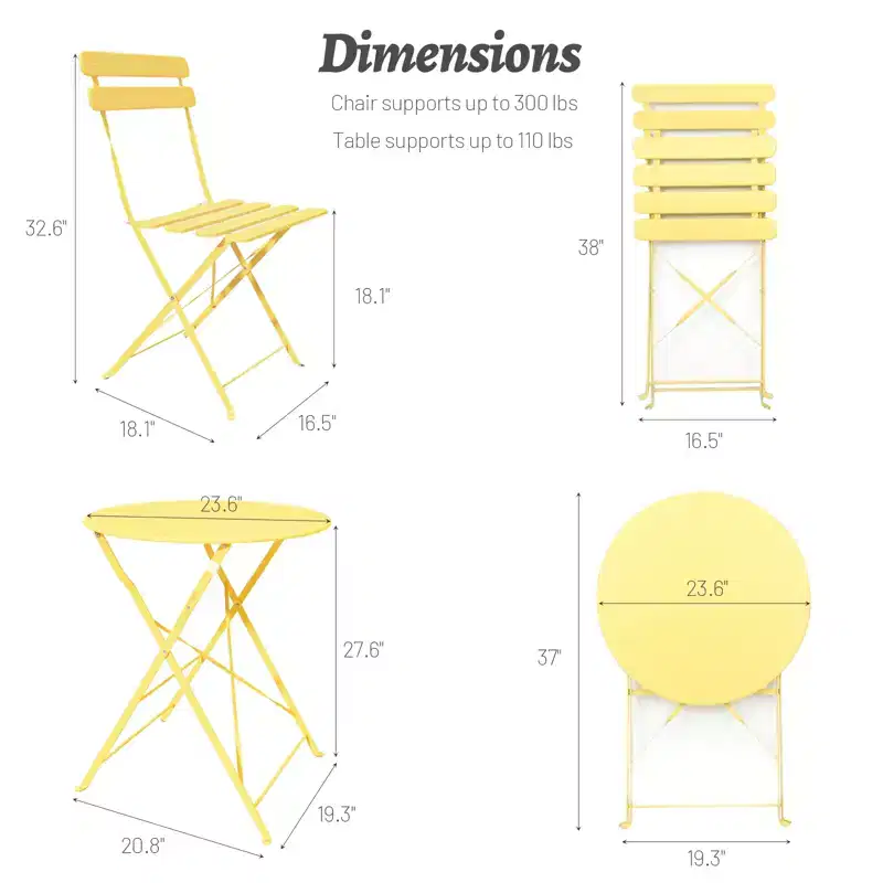 3 Pieces Patio Bistro Balcony Metail Chair Table Set