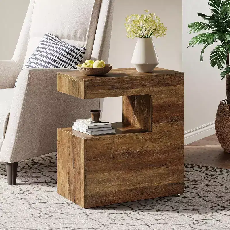 Lantine C-Shaped End Table, 25.59 Couch Side Table with 2-Tier Storage Shelf, Farmhouse TV Tray for Sofa, Living Room, Bedroom, Brown