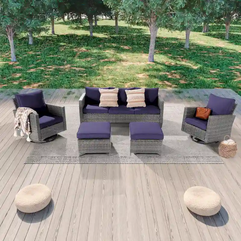 LIVOOSUN 5Pcs Patio Gray Rattan Outdoor Furniture Swivel Rocking Sofa Set