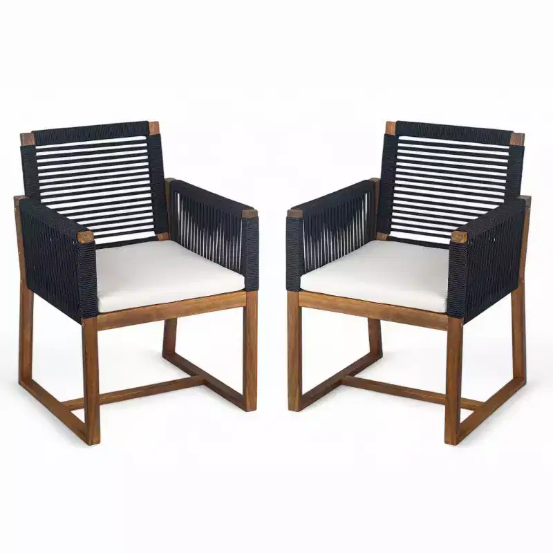 7-Piece Acacia Wood Outdoor Dining Set with Cushions, Patio Dining Set with 6 Rope-Woven Chairs and Large Table for Backyard, Deck-Panipeachy