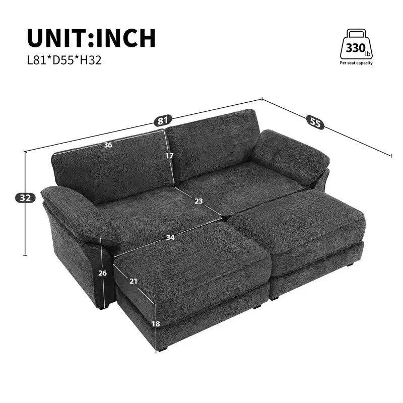 4 Seat Modular Convertible Sectional Sofa Set, Upholstered Sleeper Corner Couch, Deep-Seat Loveseat with Ottoman for Living Room, Office, Apartment
