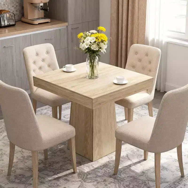Space-Saving Square Dining Table for 4  Modern Farmhouse Style with Wooden Pedestal Base  31.5 Compact Table Ideal