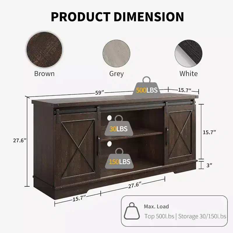 Farmhouse TV Stand and Entertainment Center for TV Up to 65 Inches w/Sliding Barn Doors and Adjustable Shelf, TV Media Storage Console Table