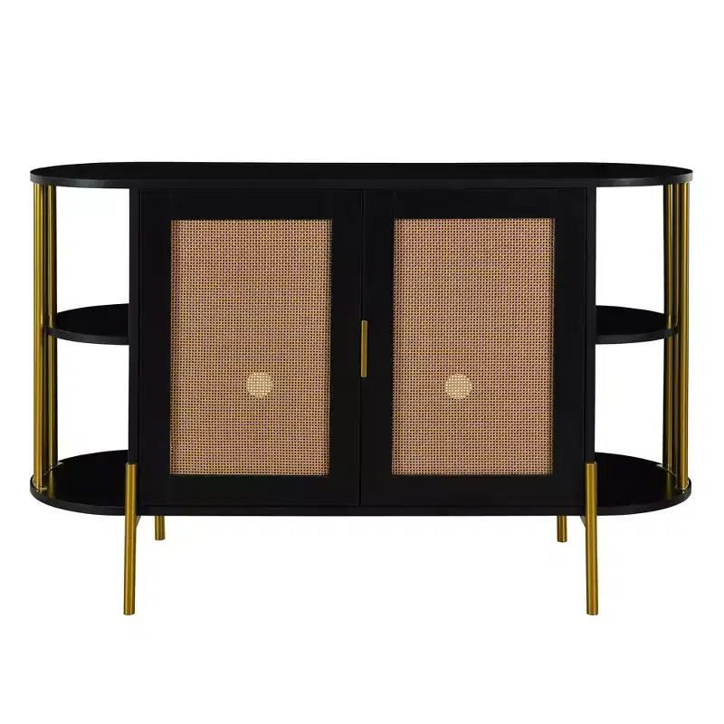 2-Door Curved Sideboard Cabinet with Gold Trim and Woven Door Buffet Storage for Dining & Living Room, Black