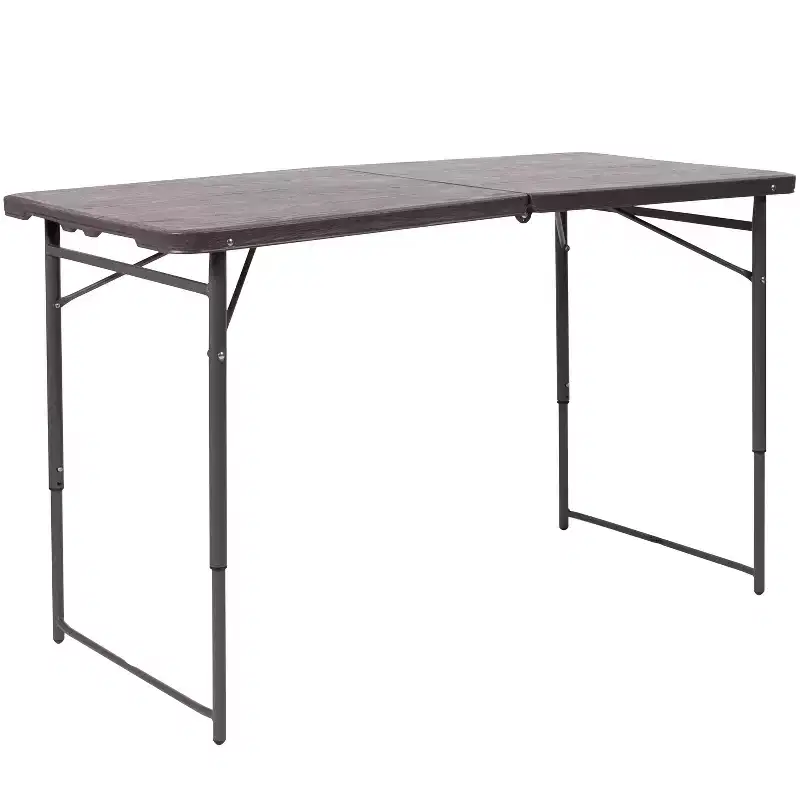 4-Foot Height Adjustable Bi-Fold Dark Gray Plastic Folding Table with Handle