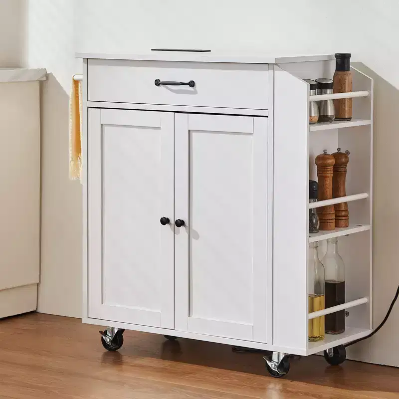 VEVOR Kitchen Island Cart, 32 Mobile Carts with Storage Cabinet, Rolling Table with Power Outlet, Spice Rack, Towel Bar, Adjustable Shelf, White
