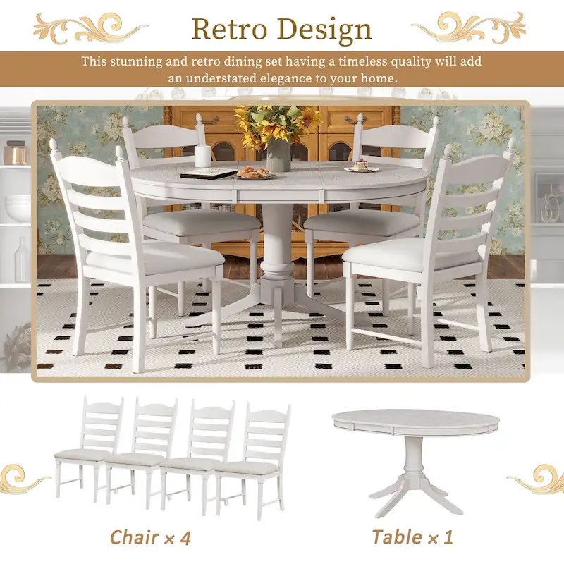 5-Piece Dining Table Set Round Extendable Dining Table and 4 Chairs