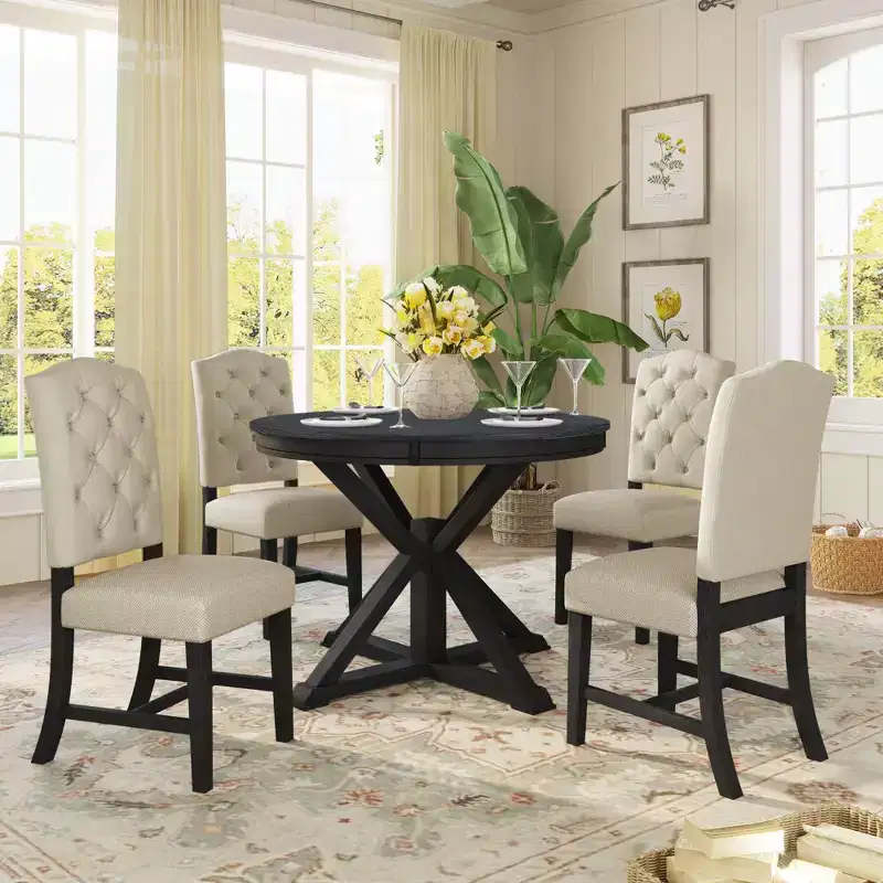 Whisen Retro Style Dining Table Set with Extendable Table and 4 Upholstered Chairs