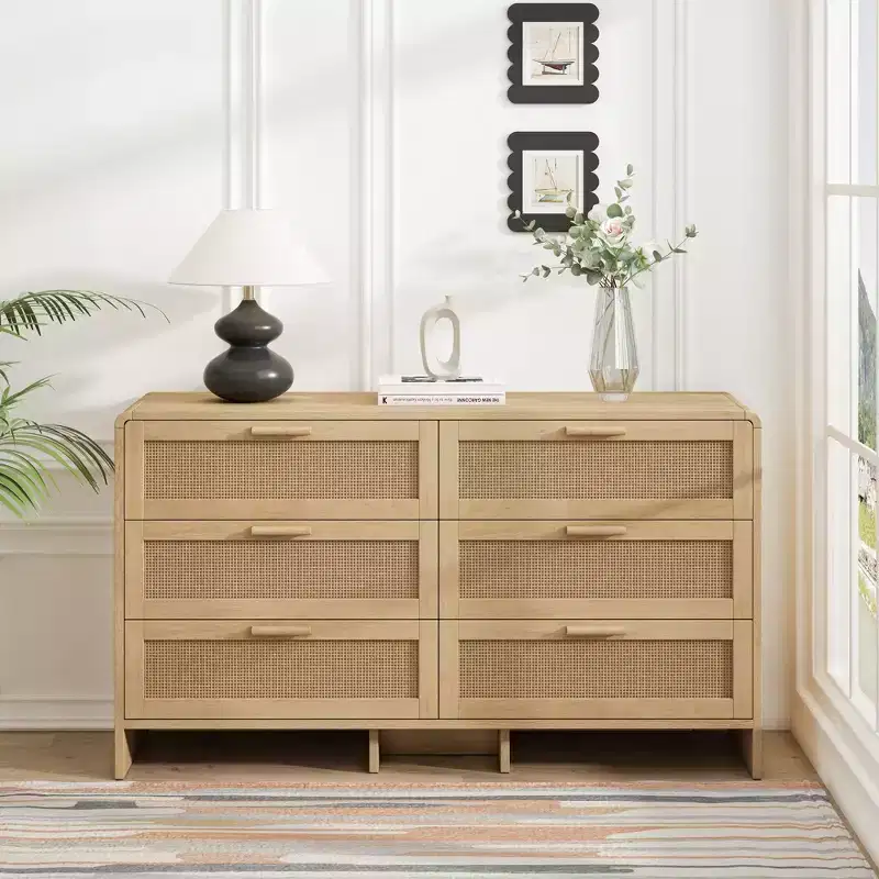JVNOXK 51.18-inch Solid Wood Curved Corner Rattan Cabinet 6 Deep Drawers Storage Unit Suitable for Living Room or Bedroom Natural Finish