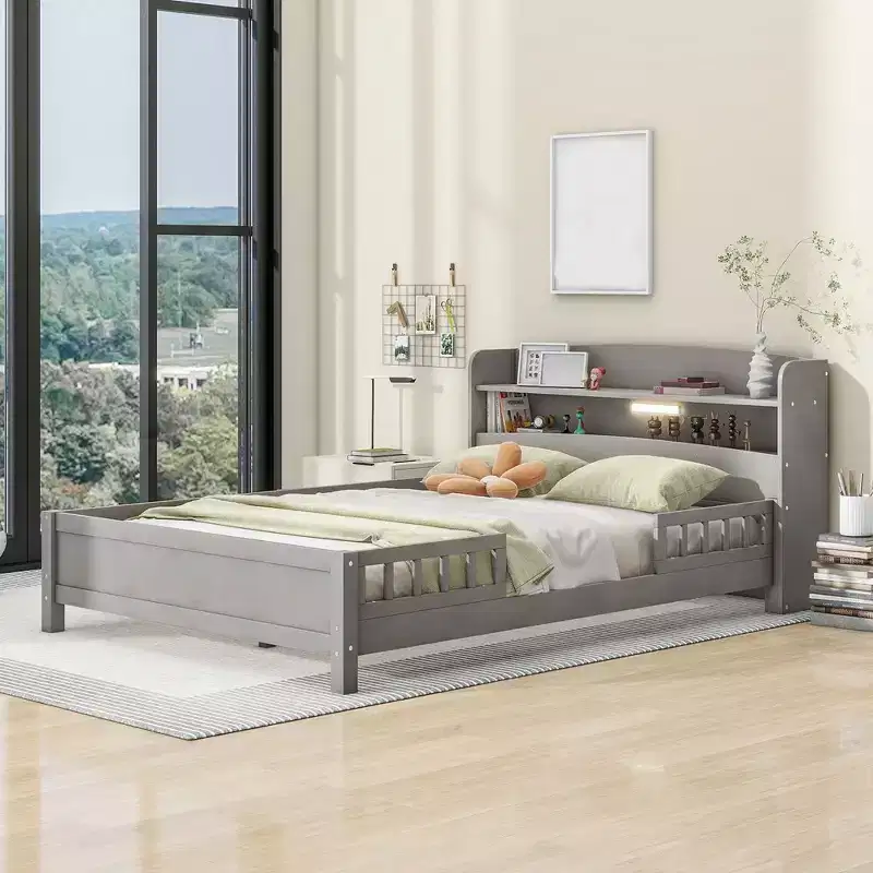 Full Size Platform Bed with Built-in LED Light and Storage Shelves Headboard, Guardrail Platform Bed Frame, No Box Spring Needed