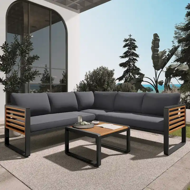 4-Pieces Patio L-shaped Conservation Sofa Set with Coffee Tables