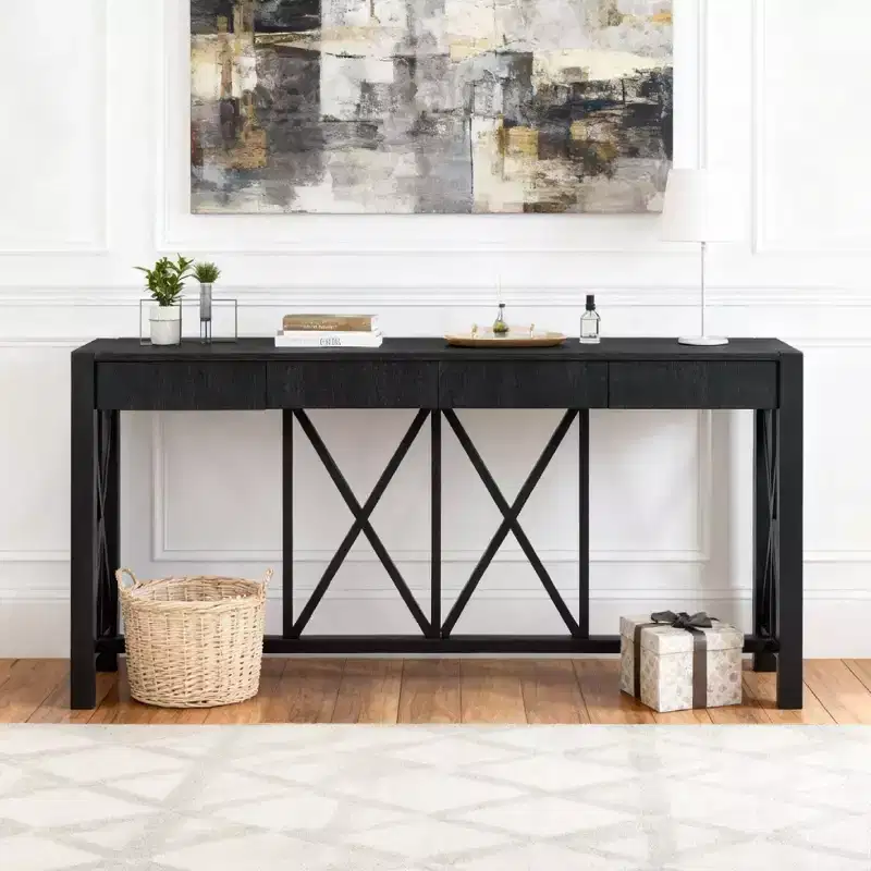 60-Inch Console Table with 4 Drawers and Open Bottom Shelf, Black