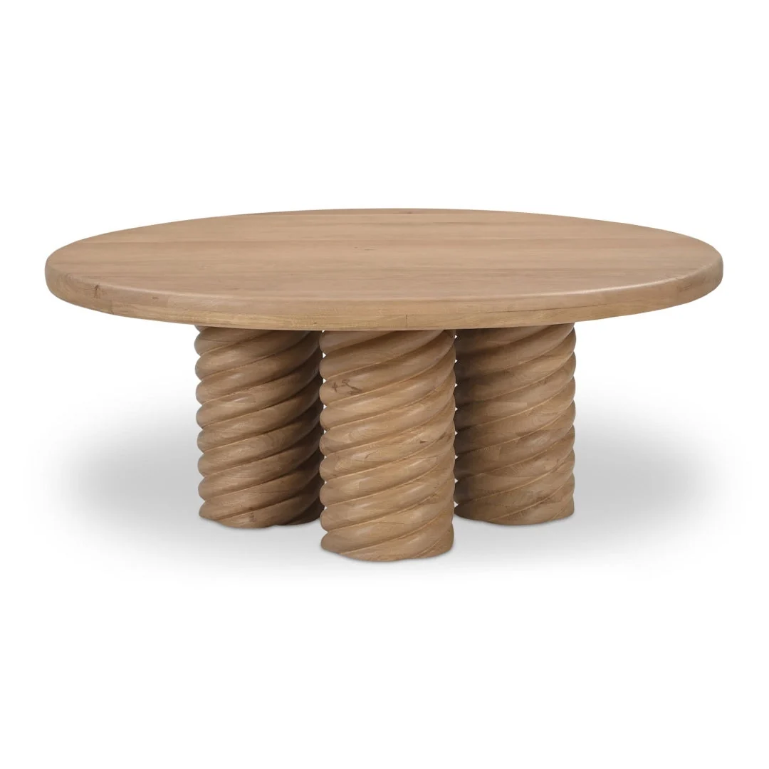 Contemporary Solid Oak Coffee Table with Round Top & Turned Braided Pedestal Base for Living Room