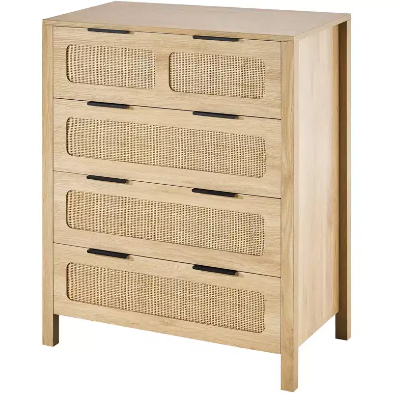 4 Drawer Rattan Dresser, Natural Wood Color