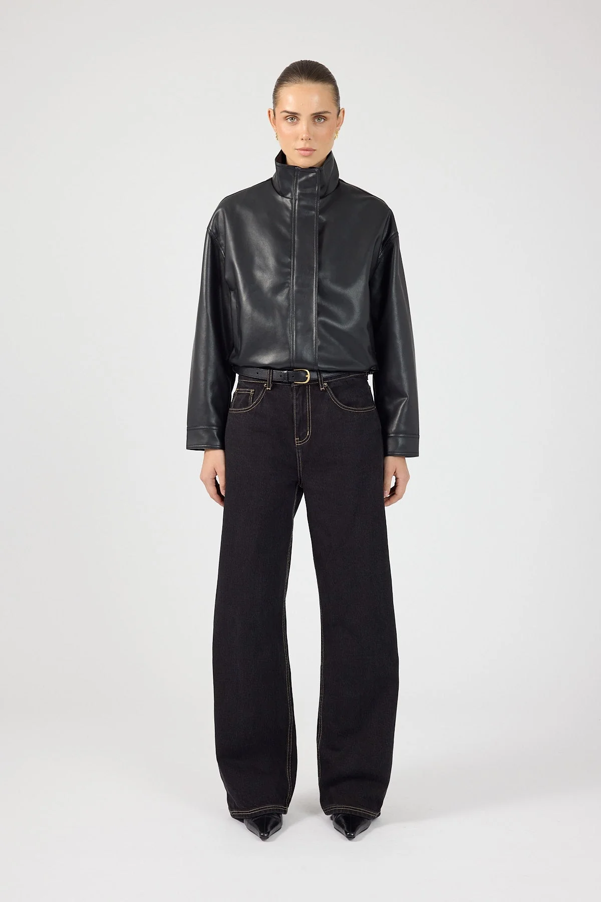 Funnel Neck Faux Leather Bomber Jacket Black