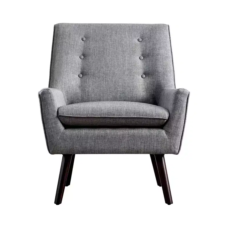 Center Button Tufted Accent Chair Gray - Mid-Century Modern, Linen Upholstery, Espresso Wood Legs