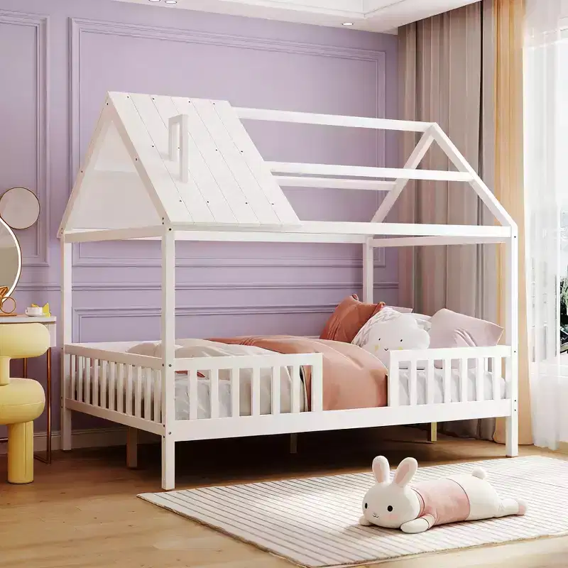 Luxystar Full Size House Bed with Roof and Fence for Kids Room, White